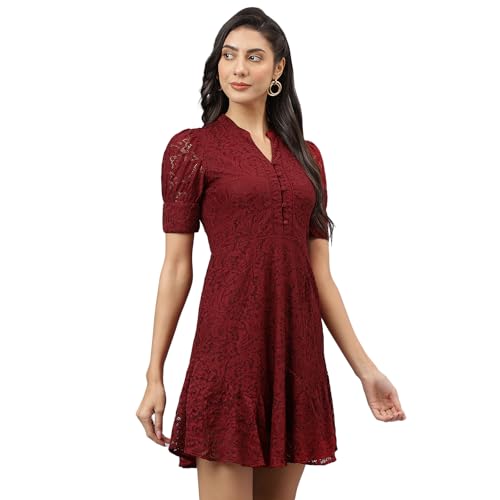 Latin Quarters Women Maroon V-Neck Short Sleeves Fit and Flare Mini Dress for Casual_L