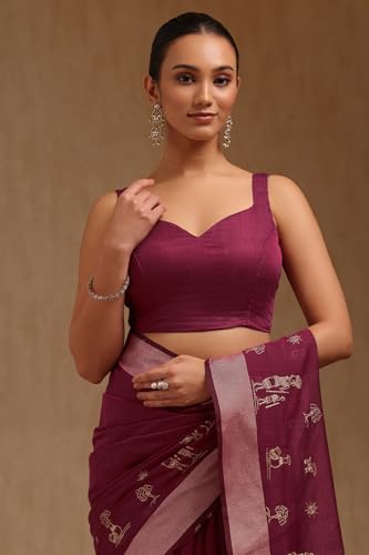 Soch Womens Wine Chanderi Warli Saree With Thread Work