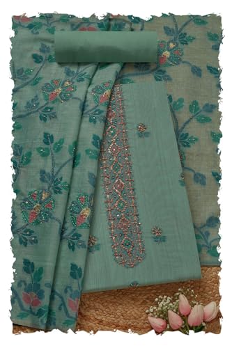 Soch Womens Turquoise Blue Chanderi Floral Print Unstitch Dress Material With Thread Work