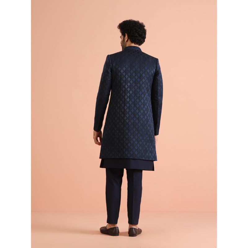 KISAH Mens Jacket Sherwani Trouser Set|Silk Blend Fabric Jacquard Pattern Indo-Western Sherwani Set for Men|Regular Fit Mandarin Collar Long Sleeves, Navy Blue, 44