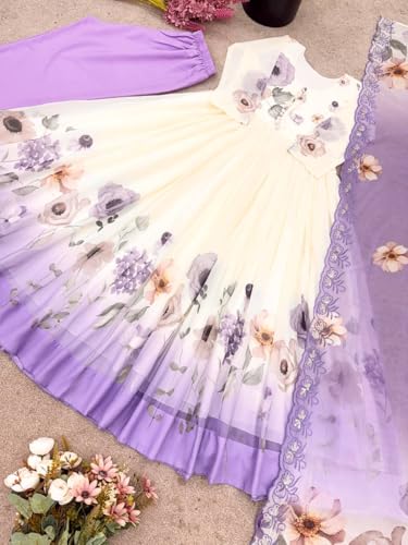 SAMUYA Women’s Fully Stitched Faux Georgette Embroidered Sequence Work Gown – Ready-to-Wear Ethnic Outfit for Parties & Festive Occasions (in, Alpha, XL, Regular) Purple and White