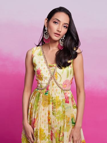 FUSIONIC Floral Print Anarkali Gown Cream