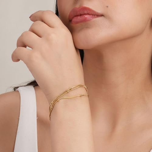 PALMONAS Gold Chain Bracelet with Beads for Womens - Waterproof & Anti-Tarnish, Gift for Girls & Women