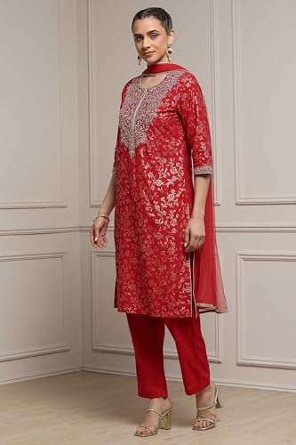 Biba Women Green-Maroon Cotton Straight Printed Suit Set_36
