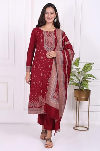 W for Woman Maroon Ethnic Motifs Printed Straight Kurta, Straight Pants and Dupatta Set - (WS13383-314582-XXL)