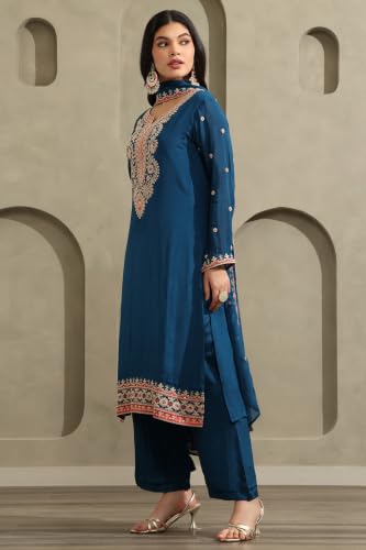 Soch Womens Blue Chinon Ethnic Motifs Zari Embroidered Salwar Suit
