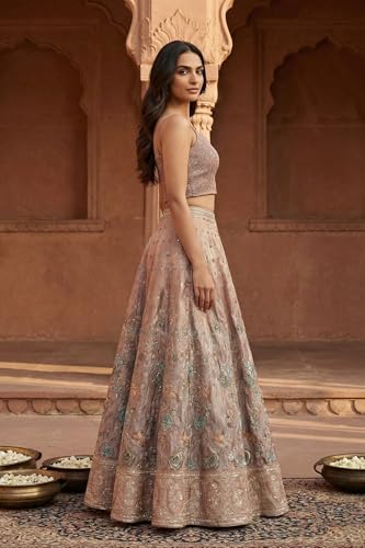 Aurelia Women's Rose Gold Embroidered Floral Zari Tissue A-line Crop Top with Skirt and Jacket Set - (AD10773-E609500-M)