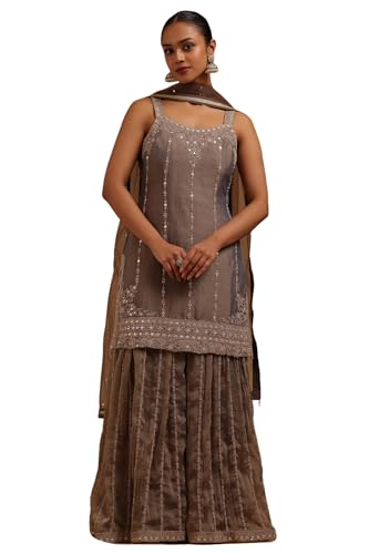 Soch Womens Grey Fendi Embroidered Suit Set With Mirror And Stone