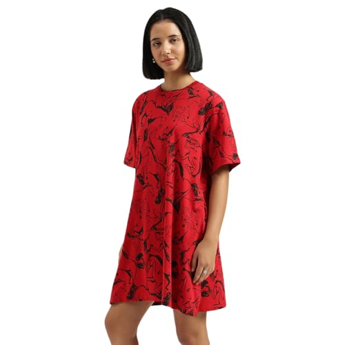 United Colors of Benetton Round Neck Animal Print Dress - (Size:S) - 26P3SOCPT735I902 Red