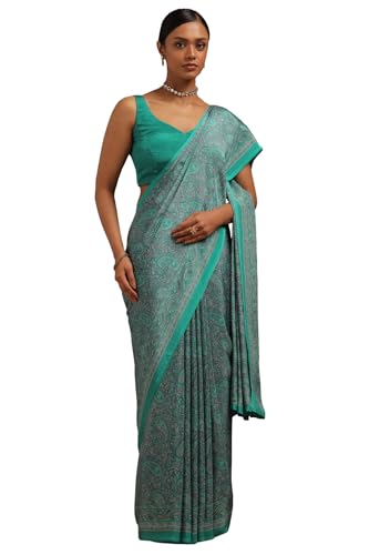 Soch Womens Teal Green Crepe Paisley Print Saree