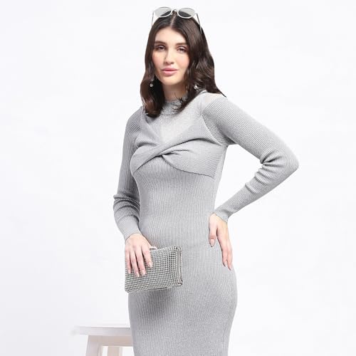 Madame Twisted Detailing Ribbed Bodycon Grey Dress