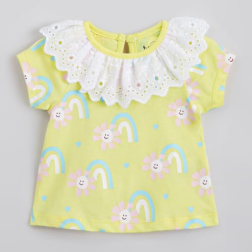 Hopscotch Girls Yellow Short Sleeves 2-Pc Flower Cotton Pant Set For Ages(6-9 Months)