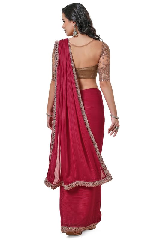 Soch Womens Maroon Striped Chiffon Saree with Zardosi Lace