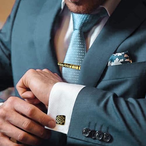Peora Black Gold Decorative Combo Tie Pin and Cufflinks Set Wedding Business Accessories for Men Boys