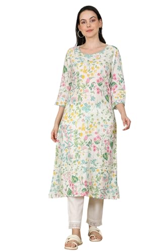 White Floral and Bird Printed Straight Kurta with Scalloped Neckline_24AUSTW10592-121987_XS