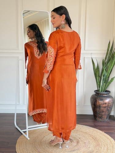 VARNI FABRICS: A lady's First Love Women's Viscose Embroidered Kurta Pant With Printed Dupatta, Floral Embroidery, Ethnic Wear Set (IN, Alpha, 2XL, Regular, Rust)