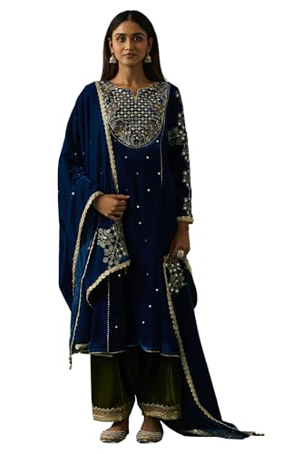 Wishful Women's Blue Embroidered Velvet Anarkali Kurta with Salwar and Dupatta Set - (SP12854-223811-L)