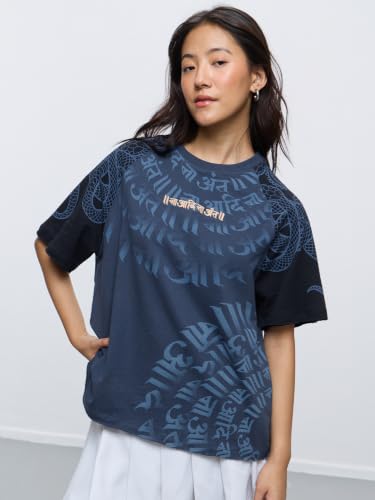 The Souled Store Desi Drop: Na Aadi Na Ant: Women and Girls Short Sleeve Round Neck Navy Blue Graphic Printed Cotton Breathable Streetwear Casual College Oversized T-Shirts