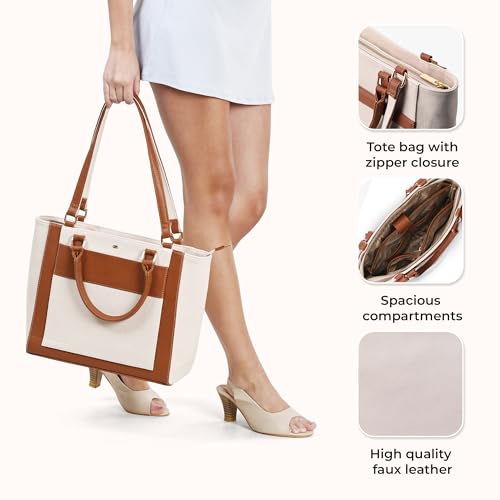 Symbol Premium Women's Tote Hand Bag crafted from Imported PU | Stylish | Office Use - 14" Laptop (SP-SS25-CARL-BAG-03_Cream + Tan_Free Size)