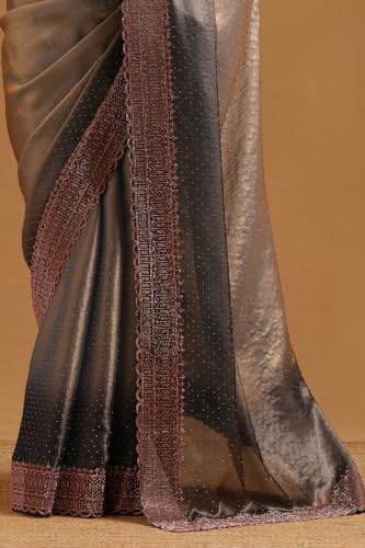 Soch Womens Blue Fendy Organza Ombre Stone Embellished Saree