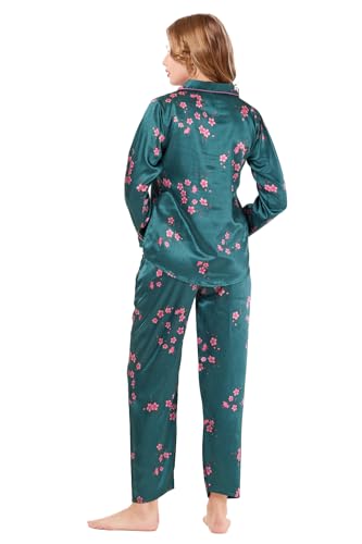 Kattly Women's Satin Solid Printed Pajama Set with Top & Pants | Night Suit Set | Full Length Sleepwear | Silky Satin Slipwear | Full Sleeve Nightwear (Plus Size, Peacock Blue, 2XL)