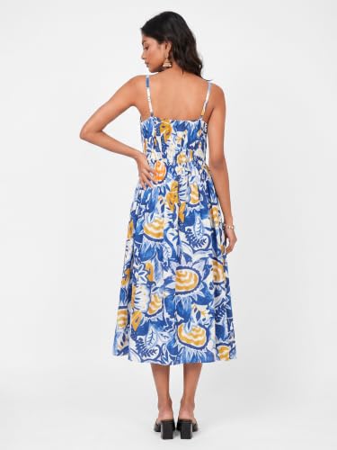 Max Women Printed Midi Dress (Blue_L)
