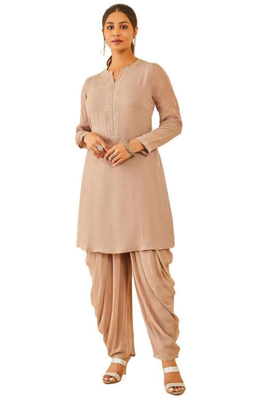 Soch Womens Beige Embellished Georgette Suit Set with Dupatta