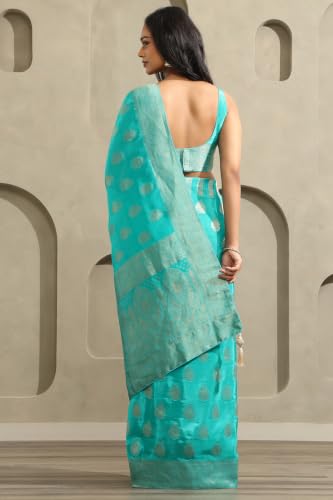 Soch Womens Turquoise Blue Crepe Ethnic Motifs Zari Woven Saree