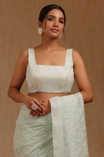Soch Womens Powder Blue Chanderi Floral Print Saree With Thread Work