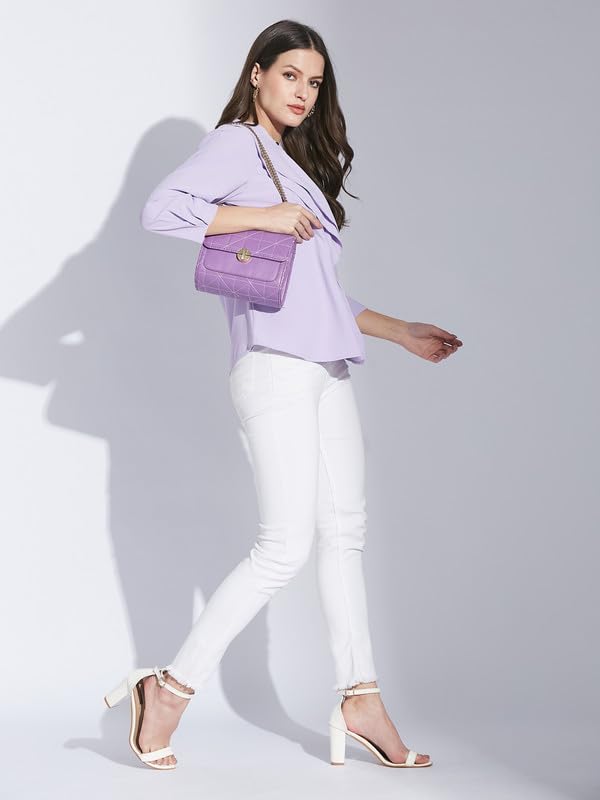 Latin Quarters Women Lavender Mandarin Collar 3/4 Sleeve Solid Top_S