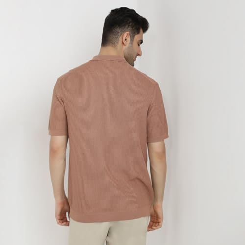 Park Avenue Men Slim Fit Structure Pattern Pure Cotton Half Sleeve Polo Neck Casual T-Shirt (Size: 40)-PCKB01463-E4 Medium Orange