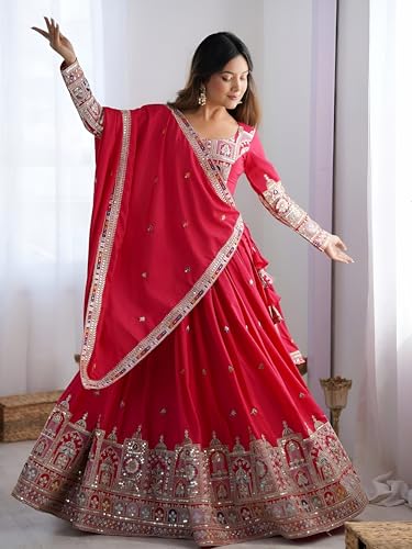 Zeel Clothing Women's Sequins Thread Embroidered French Crepe Lehenga Choli With Dupatta (5118-Pink-Women-Lehenga-Choli-Latest; Free size) (Pink)