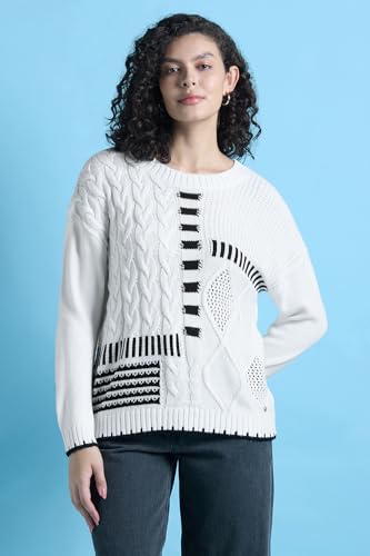 Women White Patterned Round Neck Casual Sweater