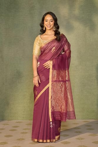 Taneira Purple Woven Pure Silk Cotton Chanderi Saree with Unstitched Blouse Piece (8905906844210 - Purple)