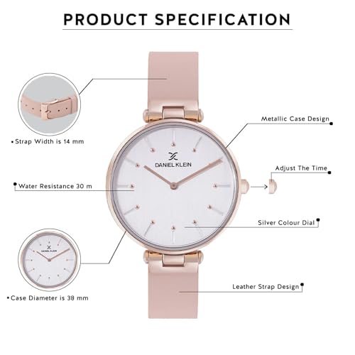Daniel Klein Analog Silver Round Dial Rose Gold Case Pink Leather Strap Water-Resistant Wrist Watch for Women Girls, Ladies DK.1.12260-5