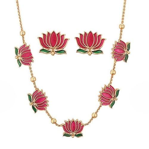 Mansiyaorange Pink & Green South Indian Temple Lotus Motif 18 K Gold-Plated Enamelled Ethnic Traditional Choker Neckalce & Earring Jewellery Set