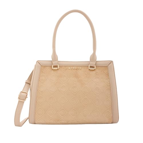 Caprese Katherine Medium Monogram Velvet Satchel for Women | Elegant Multi-Compartment Shoulder Handbag with Adjustable & Detachable Strap | Textured Velvet Designer Work & Party Purse (Alpine Oat)