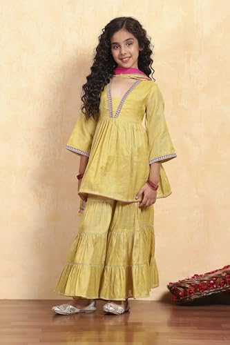 Biba Girl's Green Cotton Dyed Gathered Sharara Suit Set