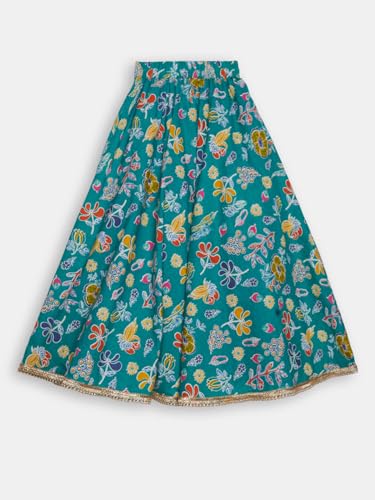 studio rasa Girls Cotton Printed Embellished Bias Lehenga Set for Festive Wedding Party(GLC62502/13-14_Green_13-14 Y)