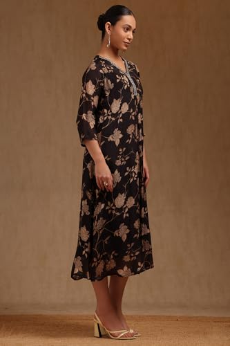Soch Womens Black Chinon Floral Print Dress with Cutdana