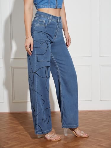 Miss Chase Women's Wide Leg High Rise Hand Painted Stretchable Denim Jeans (MCSS18DEN02-19-391-30, Hazy Blue, 30)