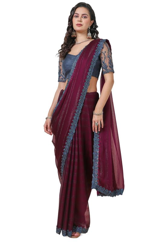 Soch Womens Wine Chiffon Striped Simmer Saree