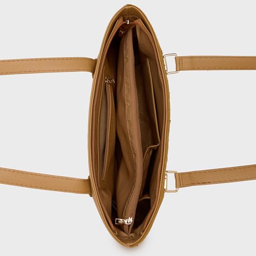 Caprese Siji Tresna Horizontal Medium Tote Bag for Women with Multiple Pockets | Kashida Embroidery Shoulder Bag | Fits Up to 15.6 Inch Laptop | Ideal for Work, Everyday Outings and Travel (Brown)