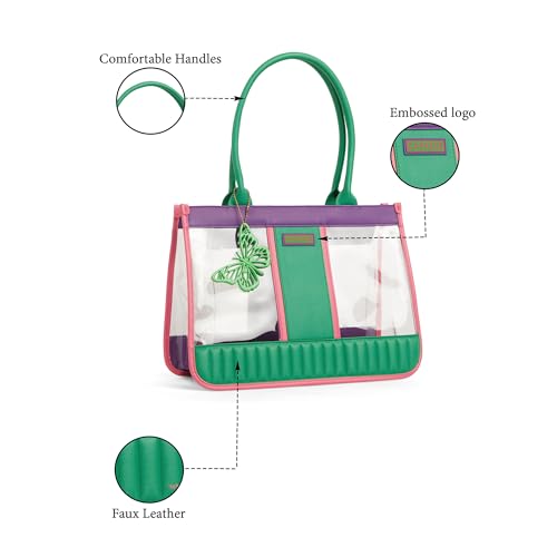 Caprese Madonna Laptop Tote Bag Large | Vibrant Transparent Handbag with Adjustable & Detachable Sling Strap, Secure Zip Closure | Shoulder Bag | Perfect for Office & Casual Use (Green & Purple)