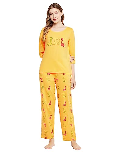 Clovia Night Suits for Women, Night Dresses for Women, Pyjama Set for Women, Women Night Suit Set, Night Wear for Women, Lounge Wear Set for Women - Top & Pyjama Set (Yellow - Graphic, L)