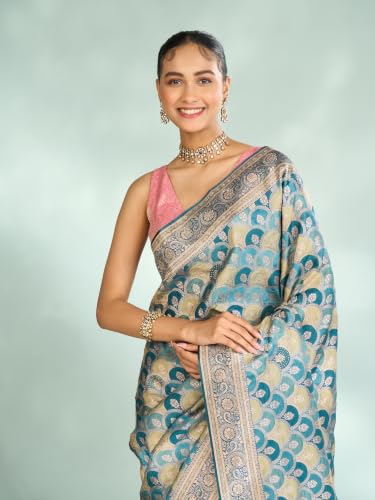 MOHEY Women's Art Silk Stone Work & Woven Saree with Blouse Piece (Blue)