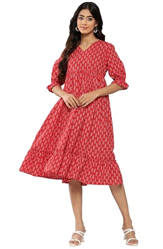 Janasya Women's Red Cotton Ethnic Motifs Printed Flared Dress(JNE4200-DR-XL)