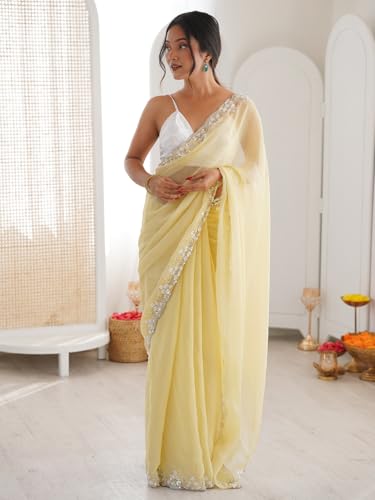 AKHILAM Women's Shimmer Lemon Yellow Chiffon Embellished Saree With Unstitched Blouse Piece (AARYAN21203_KR)