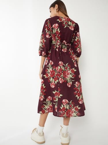 Max Women Floral Print A-line Dress(Red_S)