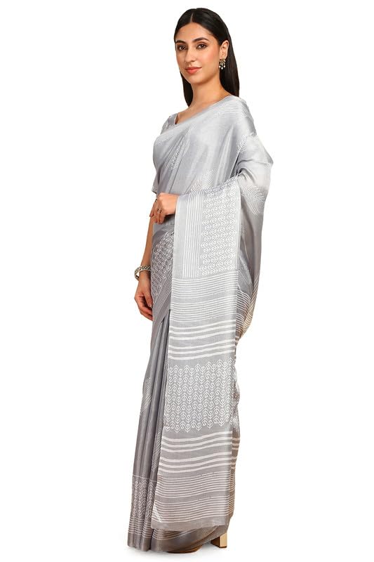 Soch Womens Grey Art Silk Botanical Print Saree